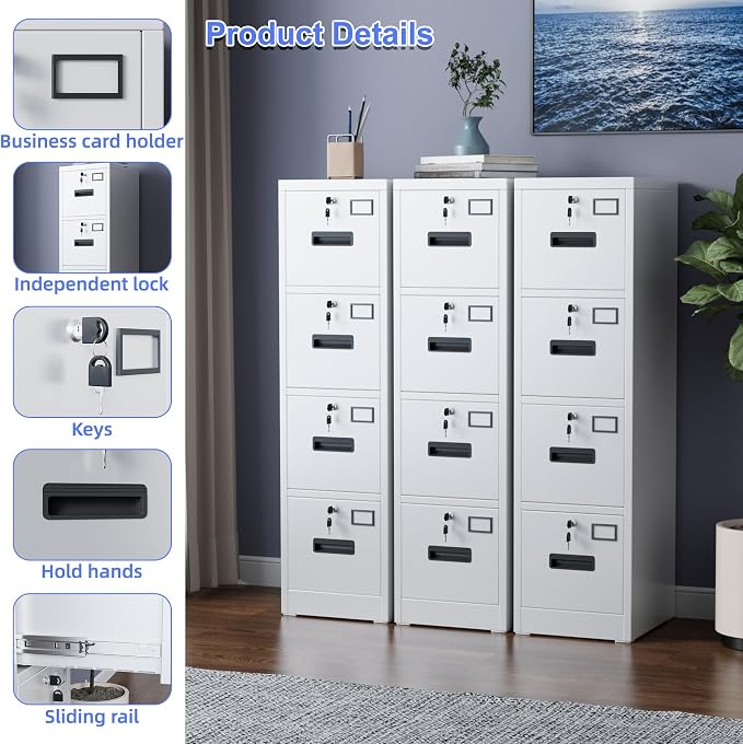 METAN Upgrade Metal 4 Drawer Files Cabinet for Home Office,Lockable Steel File Storage Cabinet with 4 Locks for Hanging Legal/Letter A4 Size, Assembly Required,White