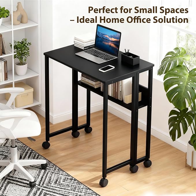 Folding Desk with Storage Shelf, 31.5 Inch Foldable Computer Table with Wheels for Small Spaces,Space Saving Sofa Table for Couch, Rolling Writing Work Office Computer Desk, Easy to Fold,Black