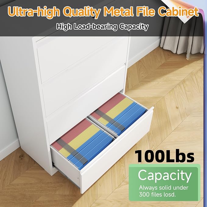 4 Drawer Lateral File Cabinets with Lock,Metal Filing Cabinet for Home Office,Wide Office Storage Cabinet with Hanging Bars for A4 Legal/Letter Size(White-Easy Assembly)
