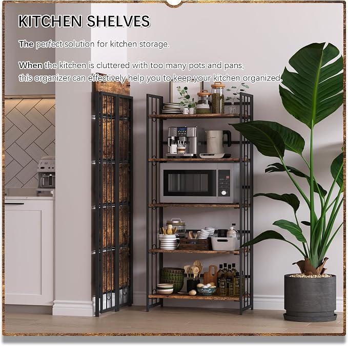 4NM No Assembly 5 Tiers Folding Bookshelf, 59.4" H Foldable Storage Shelves Vintage Bookcase Standing Racks Study Organizer Home Office - Rustic Brown Black