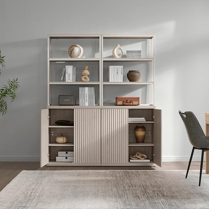 SICOTAS Book Shelf Fluted Bookshelf Cabinet - 75" Tall Bookcase 6 Tier Large Bookshelves with Door Storage Modern Triple Wide Book Shelves Case for Living Room Office Library, Metal Frame, White Alder