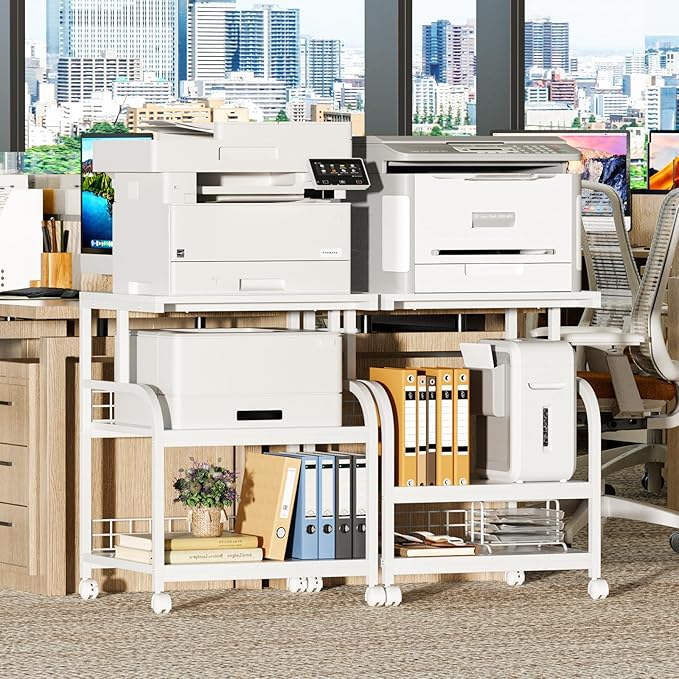Lerliuo Large Printer Stand with Storage, 23.6"W x 18.9"D x 30.2"H, 5-Adjustable Shelf Heights Mobile 3 Tier Table with Lockable Wheels, Industrial Rolling Printer Cart, White Stands for Home Office