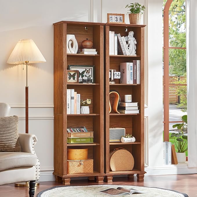 SAVOR LIFE Narrow Brown Book Shelf, 70" Tall Skinny Bookshelf with Adjustable Shelves & Wooden Legs, Farmhouse Wood Bookcase w/5-Tier Open Storage, Free Standing Book Case for Office, Living Room
