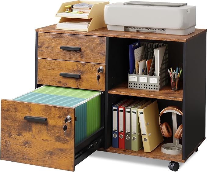 DEVAISE 3-Drawer Wood File Cabinet with Lock, Mobile Lateral Filing Cabinet, Printer Stand with Open Storage Shelves for Home Office, Rustic Brown