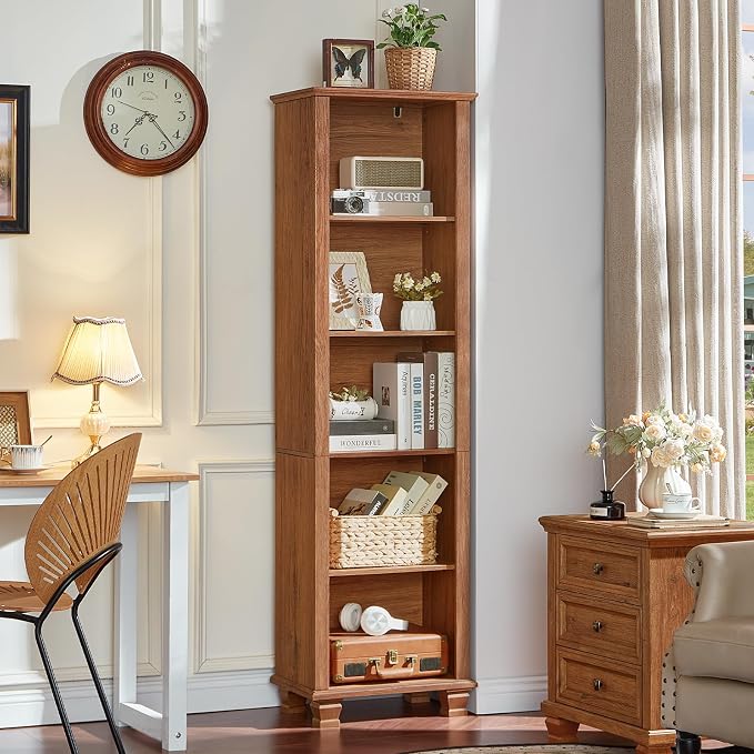 SAVOR LIFE 70" Tall Narrow Book Shelf, Wood Skinny Bookshelf with Adjustable Shelves & Wooden Legs, Farmhouse Bookcase w/5-Tier Storage, Free Standing Bookshlves for Office, Living Room, Brown, 2PCS