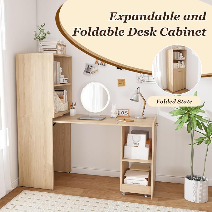 Foldable Expandable Desk Cabinet with Storage Shelves, Rolling Caster Base, Magnetic Closure, Retractable Workstation Unit for Small Spaces, Home Office Study Writing Table Organizer (Natural Wood)