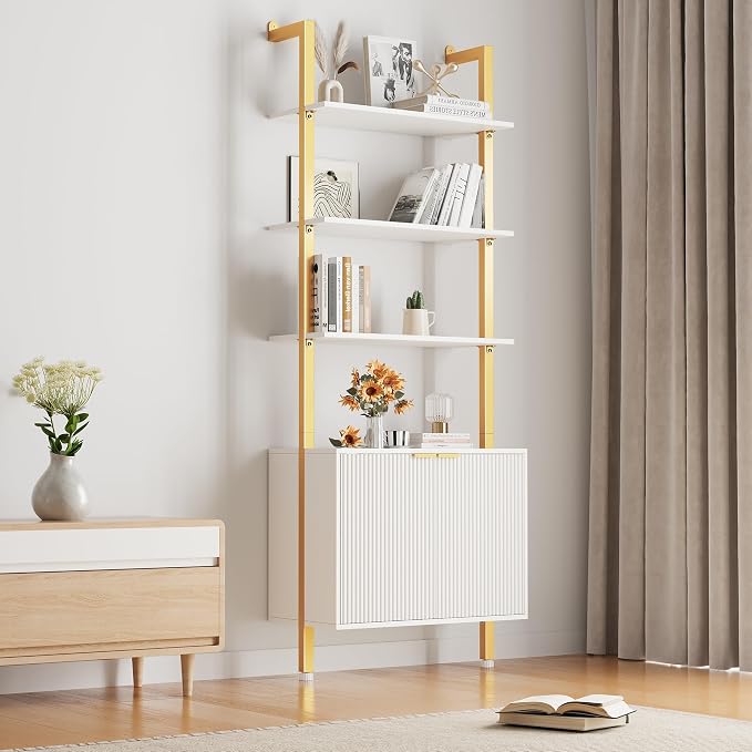 INNOD 74" Tall Bookshelf with Storage Cabinet, Modern Ladder Shelf with Wood and Metal Frame, Wall Mount Bookcase Open Display Shelf Furniture for Living Room, Bedroom, Home Office, Gold