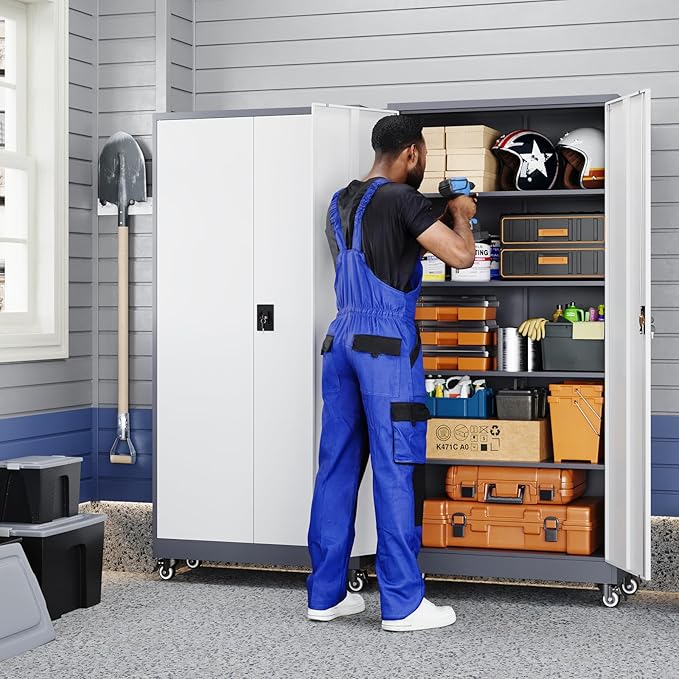 Yizosh Metal Garage Storage Cabinet with Locking Doors and Adjustable Shelves,- 75" Rolling Steel Tool Cabinet for Home Office,Garage,Warehouse