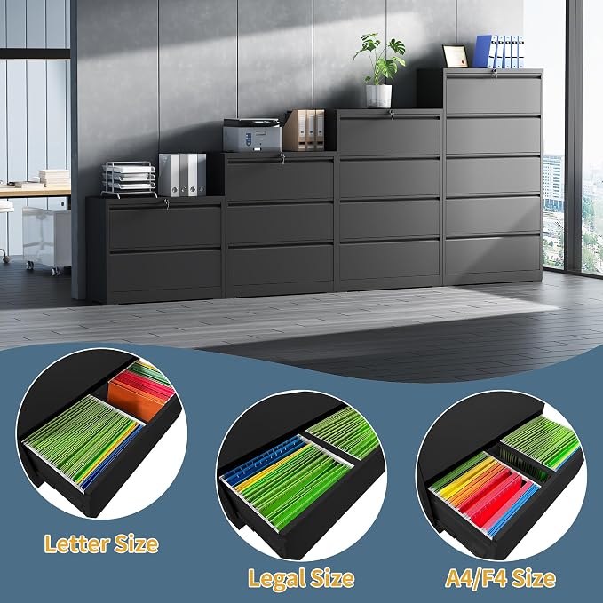 5 Drawer File Cabinet with Lock, Lateral Filing Cabinets, Metal Storage Filing Cabinets for Home Office, Heavy Duty File Cabinet for Letter/Legal/A4/F4 Size Assembly Required, Black