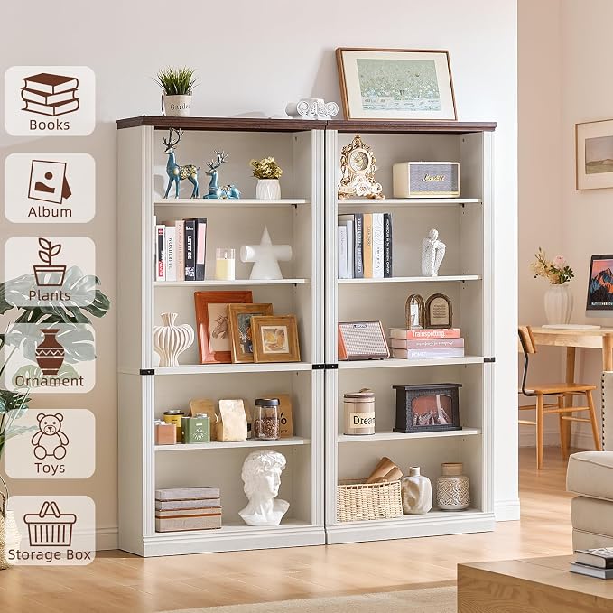 RWYHG 70" White Tall Bookshelf,5-Tier Thick Wooden Book Shelf with Adjustable Shelves,Free Standing Farmhouse Bookcase with Open Display Storage,Floor Vintage Bookshelves for Living Room,Office