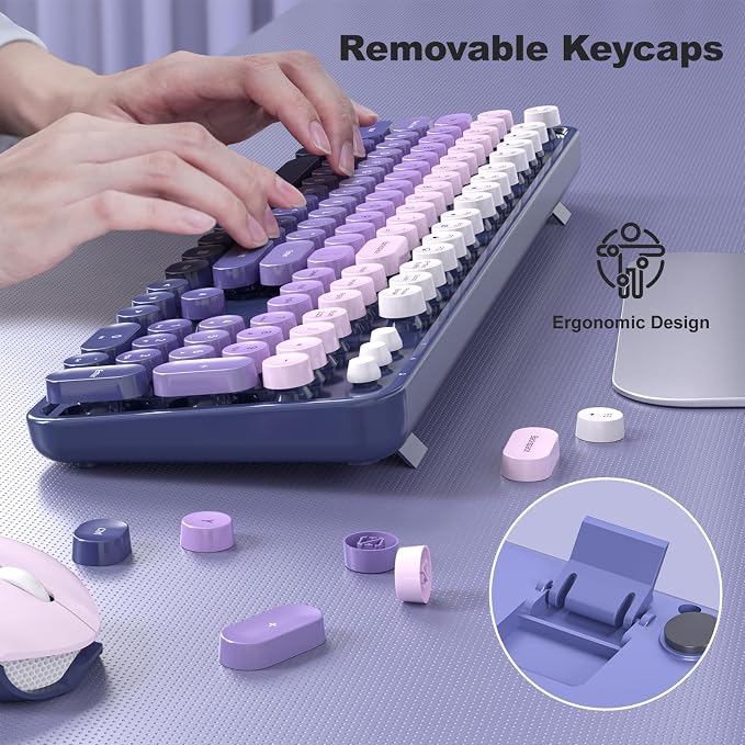 MOFII Wireless Keyboard and Mouse Combo, Full Size 2.4G Plug and Play Typewriter Retro Round Computer Keyboard and Mouse Set for Windows, Computer, Desktop, PC, Notebook - (Purple Gradient)