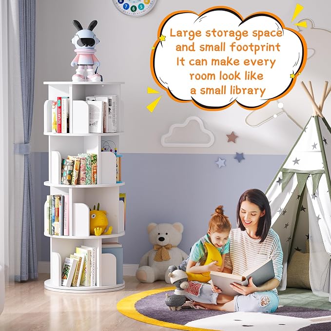 Besiost Rotating Bookshelf, Wood Corner Bookshelf, 360 Display Spinning Bookcase Storage Rack, 4 Tier Floor Standing Revolving Bookcase Narrow Book Shelf Organizer for Small Space, Bedroom, White