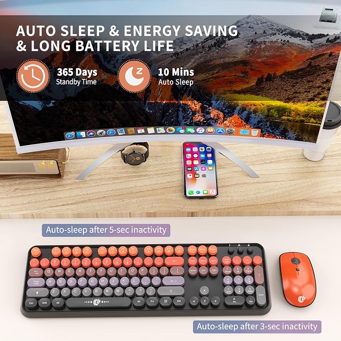 Wireless Keyboard and Mouse Combo - Cute Colorful Keyboard and Mouse, Retro Typewriter Keyboard with 2.4GHz Plug & Play, for Windows 11/10/7, Laptop, PC (V2020-Orange)