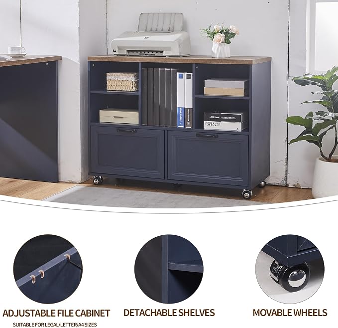 60" Farmhouse Executive Desk and 40" Mobile File Cabinet Combination,L Shaped Executive Desk with Charging Station,Home Office Desk for Office Work,Home Study (Blue)