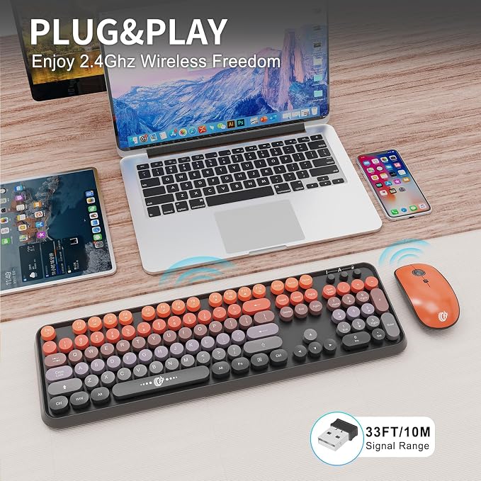 Wireless Keyboard and Mouse Combo - Cute Colorful Keyboard and Mouse, Retro Typewriter Keyboard with 2.4GHz Plug & Play, for Windows 11/10/7, Laptop, PC (V2020-Orange)