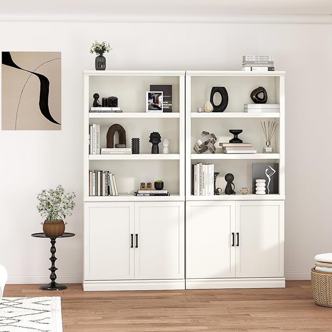 blini 5 Shelf Tall Bookcase with Doors White Bookshelf 31in Wide Display Standing Storage Shelf 72in Tall Wood Book Shelves for Bedroom Living Room Office Library