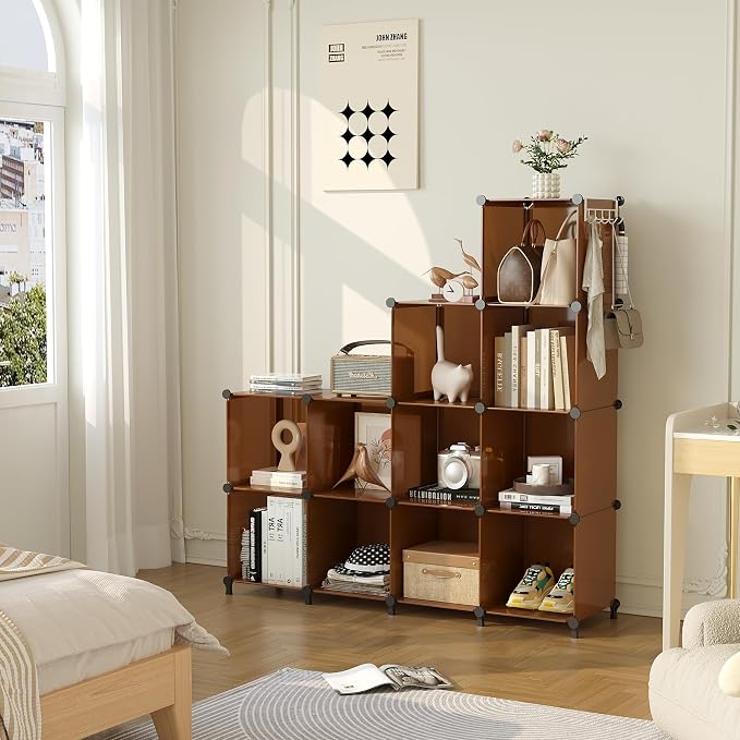 AWTATOS Cube Storage Organizer, Storage Cubes Shelves Bookshelf, 12 Cube Closet Organizers and Storage, DIY Stackable Plastic Clothes Organizer Shelving for Bedroom, Home, Cocoa Brown