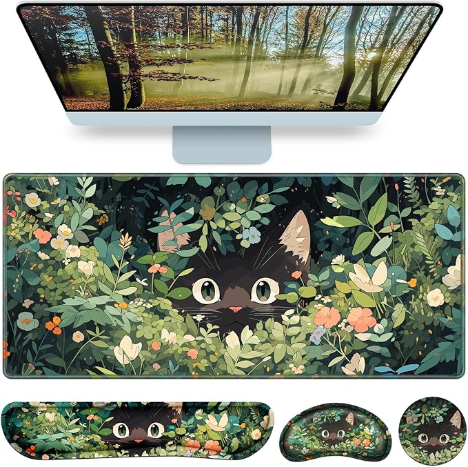 Mouse Pad Anime, Mouse Pad with Wrist Rest, 4-in-1 XXL Large Desk Mat Kawaii Mousepad with Gel Wrist Support Keyboard Wrists Rest Coaster, Ergonomic Gaming Cat Desk Pad, Funny Cute Office Accessories
