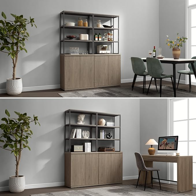 SICOTAS Book Shelf Fluted Bookshelf Cabinet - 75" Tall Bookcase 6 Tier Large Bookshelves with Doors Storage Modern Triple Wide Book Shelves Case for Living Room Home Office, Metal Frame, Grey
