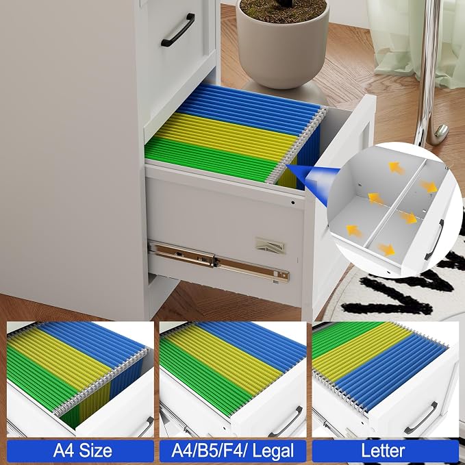 Small Metal 2-Drawer File Cabinet, Under-Desk Filing Cabinet, White | Locking, Adjustable Hanging Rail, Fit A4, FC, Letter, Hanging File Folders for Home Office Storage Organization, 2PS