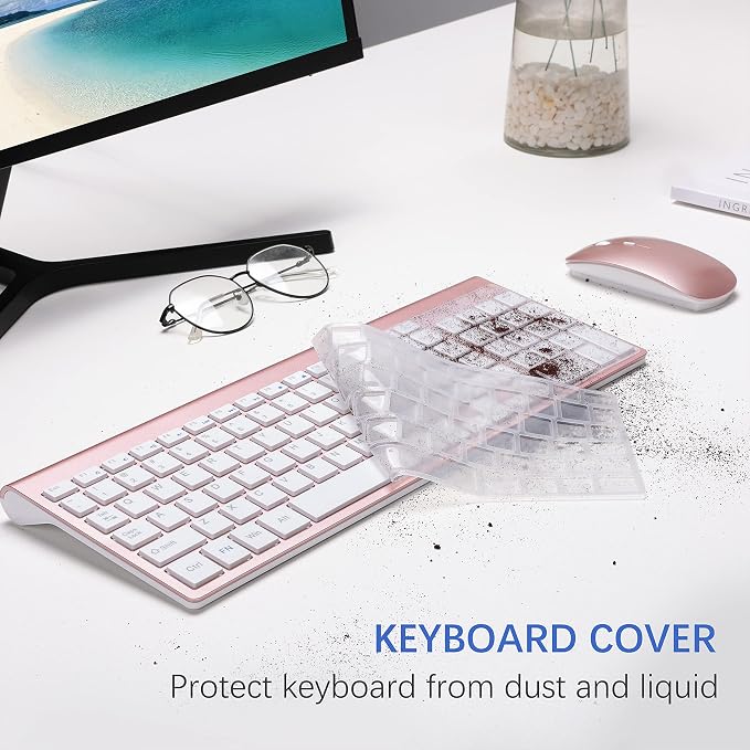 Wireless Keyboard and Mouse Ultra Slim Combo, TopMate 2.4G Silent Compact USB 2400DPI Mouse and Scissor Switch Keyboard Set with Cover, Batteries Included, for PC/Laptop/Windows/Mac - Rose Gold White