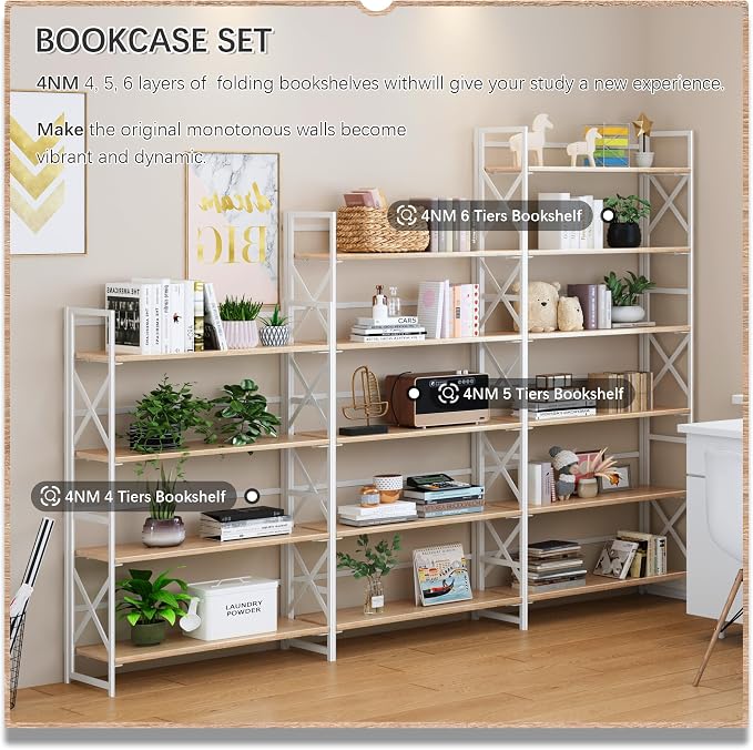 4NM Extra Wide 6 Tiers No Assembly Book Shelves, 61.8" H Folding Bookshelf Bookcase Open Industrial Foldable Shelves for Bedroom, Living Room, Home Office - Natural White
