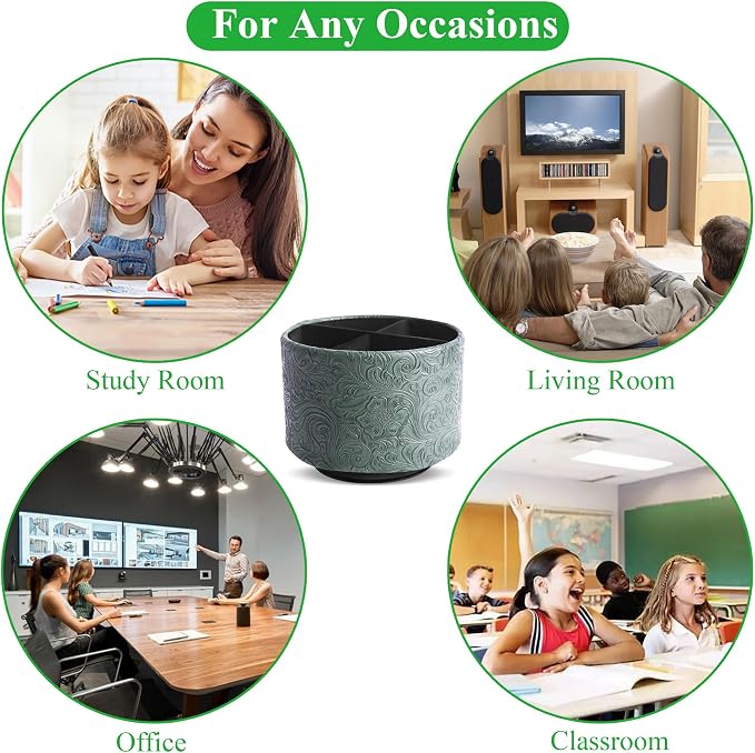 lizimandu Round Leather Art Supply Organizer,Remote Control Holder,360 Degree Spinning,Multi-Functional Pencil Holder,4 Compartments Desktop Stationary Organizer(1-Carved Cooper Green)