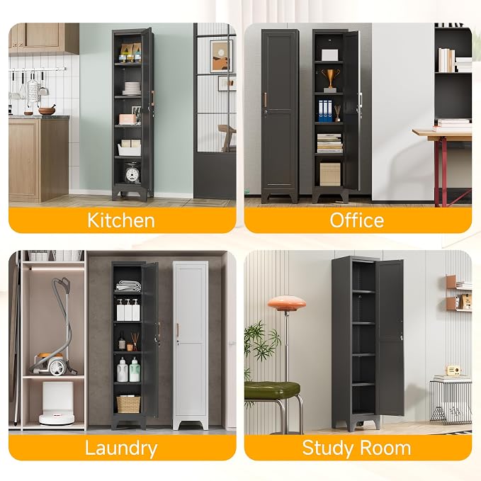 67"H Black Metal Locker with 1 Lockable Door and 4 Adjustable Shelves For Employees, 5 Tier Thin Storage Cabinet with Detachable Legs and Gold Handle for Kitchen,Office,Gym,School,Easy Assembly 2Pcs