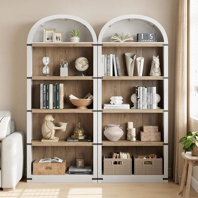 GarveeHome Bookcase 5 Shelf Arched Bookshelf 71.65in Tall Bookcase Farmhouse Display Storage Rack Wooden Bookshelves for Home Office, Living Room (White/Natural)