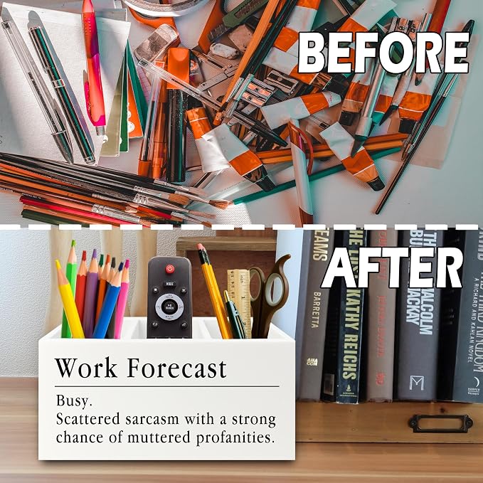 Funny Pen Pencil Holder Organizer for Desk, Funny Coworkers Gifts for Women, Office Humor Gifts, Work Forecast Wooden Box Sign for Home Office Desk Tabletop Decorations