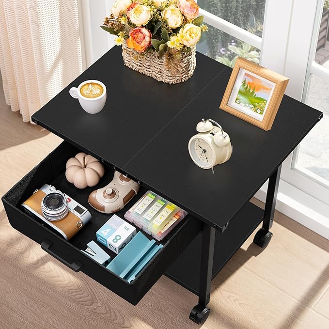 Lerliuo Under Desk Rolling Printer Stand with Drawer, 2-Tier Industrial Mobile Printer Table Desk with Storage Shelf and Steel Frame, Printer Cart Holder with Lockable Wheels for Home, Office (Black)