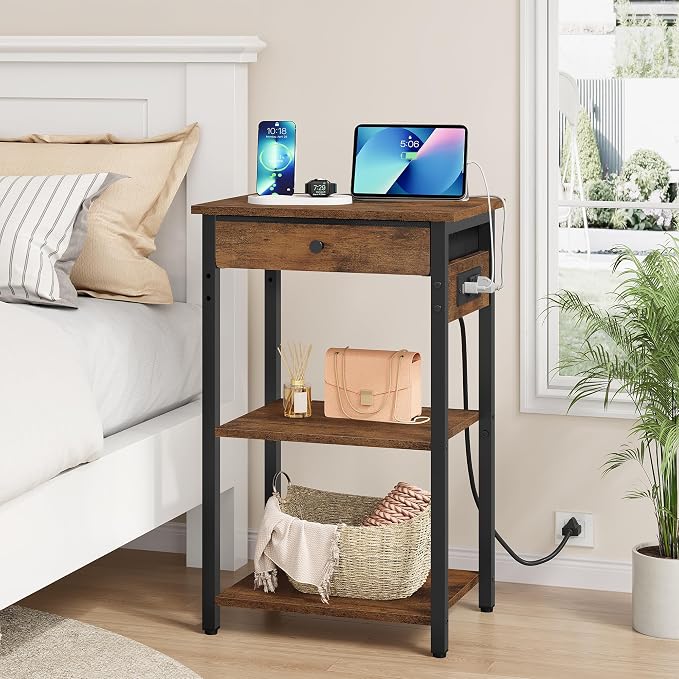 Gewudraw Printer Stand with Charging Station, 3-Tier Under Desk Printer Table, End Table with Storage Shelves for Home Office, Living Room,Bedroom,Bathroom,Brown