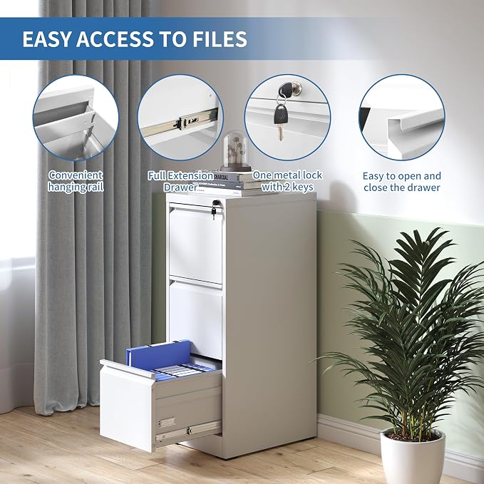 3 Drawer File Cabinet with Lock, Metal Vertical Filing Cabinets for Home Office, Steel Storage Cabinet for Hanging Legal/Letter Size Files, Assembly Required (White)