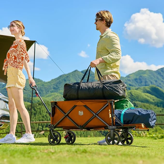 Timber Ridge 49" Extra Long Collapsible Folding Wagon with Tailgate and Brakes, 300lbs Heavy Duty Foldable Wagon with Adjustable Handle, 250L Capacity Portable Cart for Outdoor Camping Sports, Orange