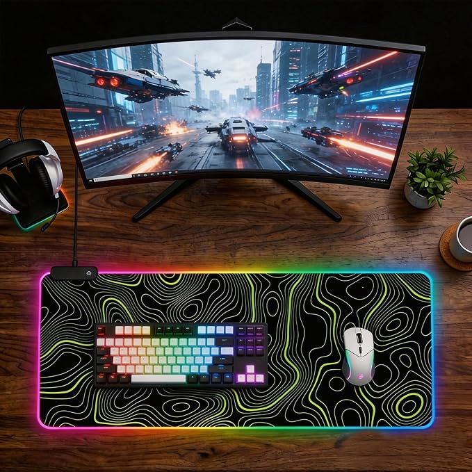 RGB Mouse Pad LED Desk Mat Large Gaming Mousepad Black and Green Line Design, Keyboard Pad XL Mouse Mat for Home and Office