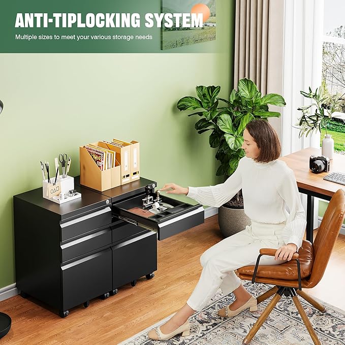 Letaya 3 Drawer Mobile File Cabinet with Lock,Under Desk Metal Filing Cabinets for Home Office Organizer Letters/Legal/A4((Fully Assembled-Black)