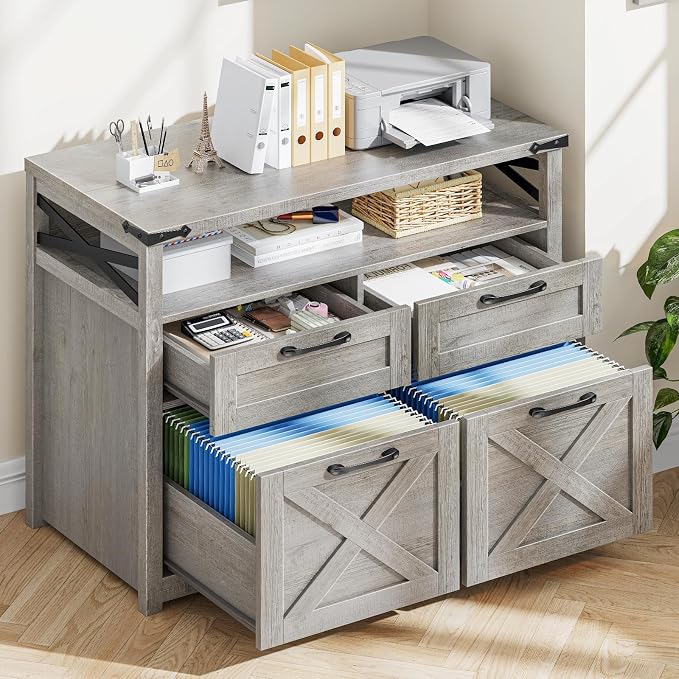 Vabches Farmhouse 4 Drawer File Cabinet with Open Storage Shelf, Lateral Filing Cabinet Fits Letter/A4/ Size, Home Office Filing Organizer, Document Storage Printer Stand for Office and Home. Grey