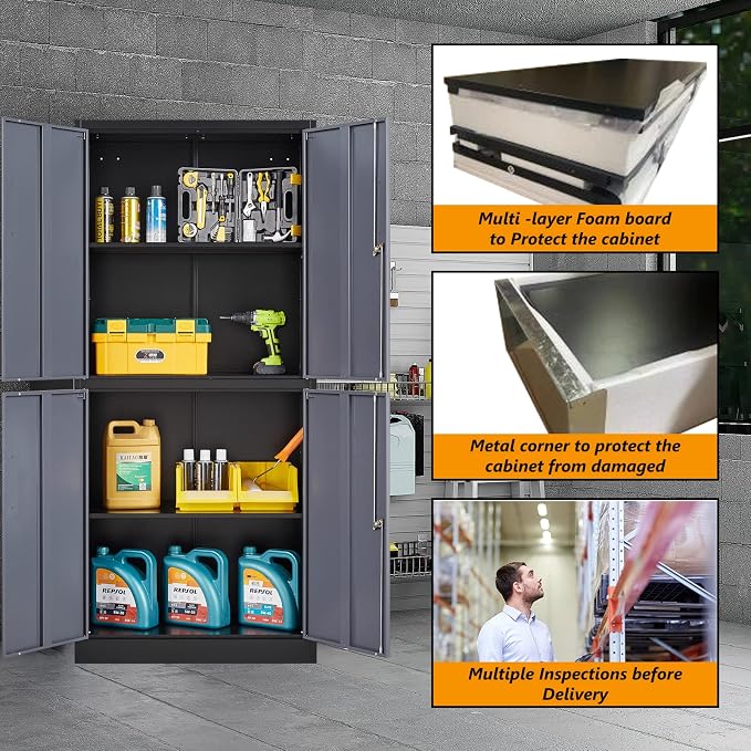 STANI Metal Storage Cabinet, Locking Steel Cabinet with 4 Doors and 2 Adjustable Shelves, 71'' Lockable File Tall for Home Office,Garage,School, Black&grey, (TSJ-BG)