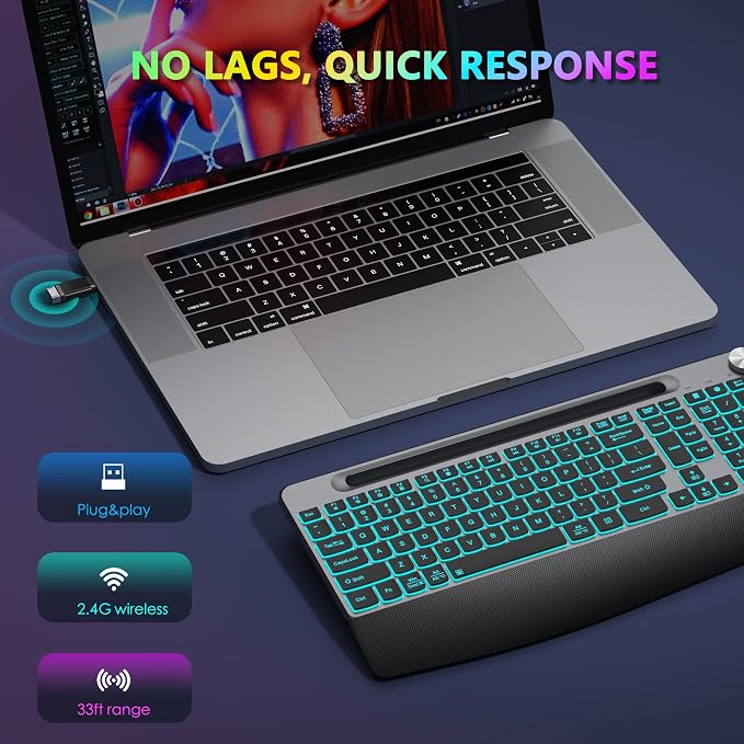 JOYACCESS Ergonomic Wireless Backlit Keyboard with Phone Holder,Rechargeable Wireless Keyboard Mouse Combo with Light Up Keys for for Laptop, PC, Mac, Windows-Grey