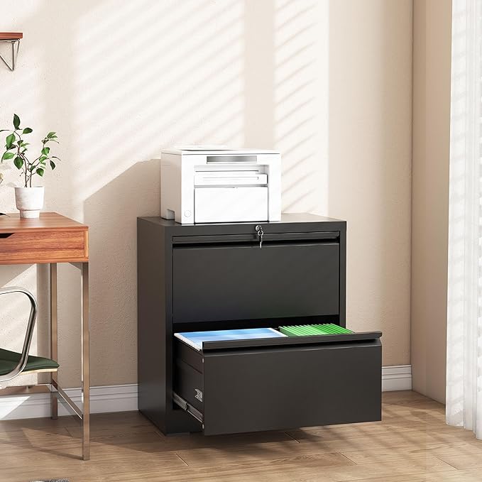 Lateral File Cabinet with Lock, 2 Drawer Filing Cabinet, Metal File Cabinets for Home Office, Steel Heavy-Duty Filing Storage Cabinet for Letters/Legal/A4 (Require Assembly, Black)
