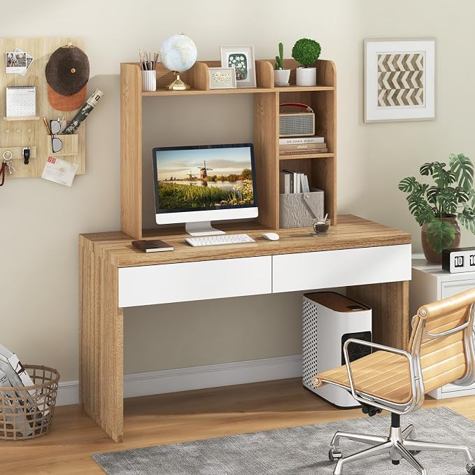 GOFLAME 5 Shelves Desktop Bookshelf, Wood Desk Hutch Dorm for Computer Desk, Countertop Display Rack, 3-Tier Desk Storage Organizer Shelf for Dormitory, Home Office, Study, Natural