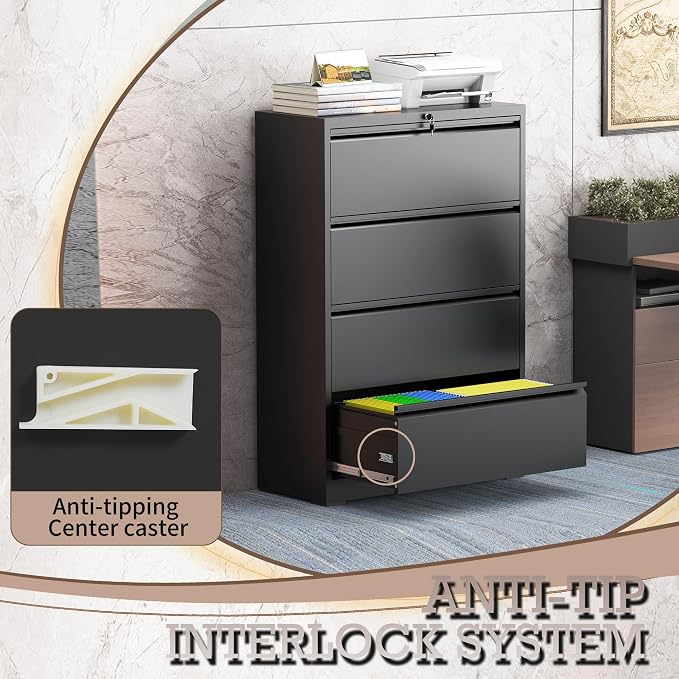 4 Drawer Lateral File Cabinet with Lock, Metal File Cabinet, Lateral File Cabinets for Home Office, Heavy Duty File Storage Cabinet for Legal/Letter/A4 Document, Assembly Required, Black