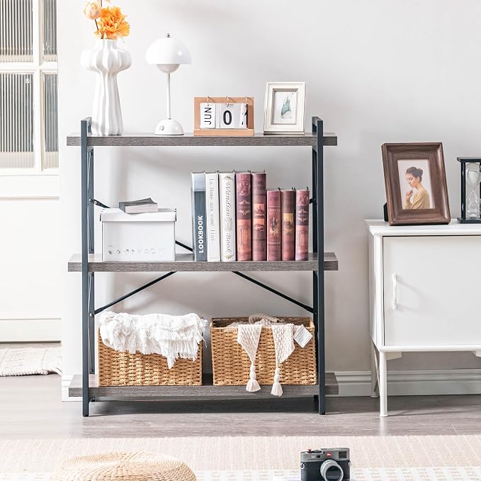 HCHQHS Bookshelf, 3-Tier Industrial Bookcase, Rustic Open Book Shelf, Freestanding Horizontal Bookshelves with Metal Frame