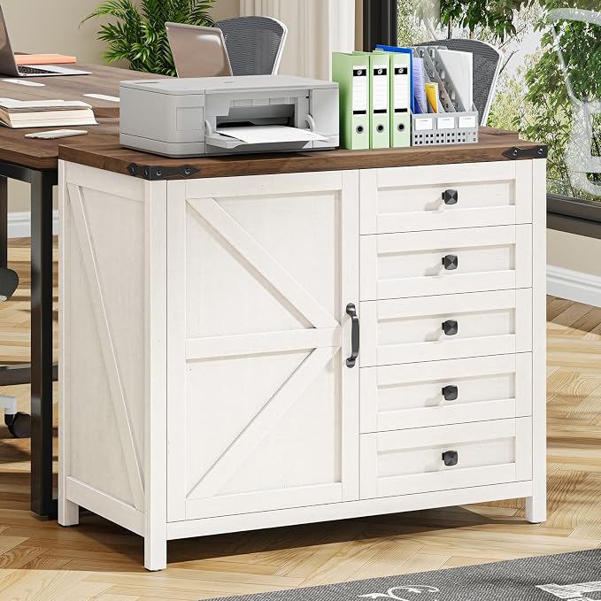 Halitaa 5 Drawer Storage Cabinet, Office Storage Cabinet with Door and Adjustable Shelf, Large Farmhouse Printer Stand for Home Office, Rustic White