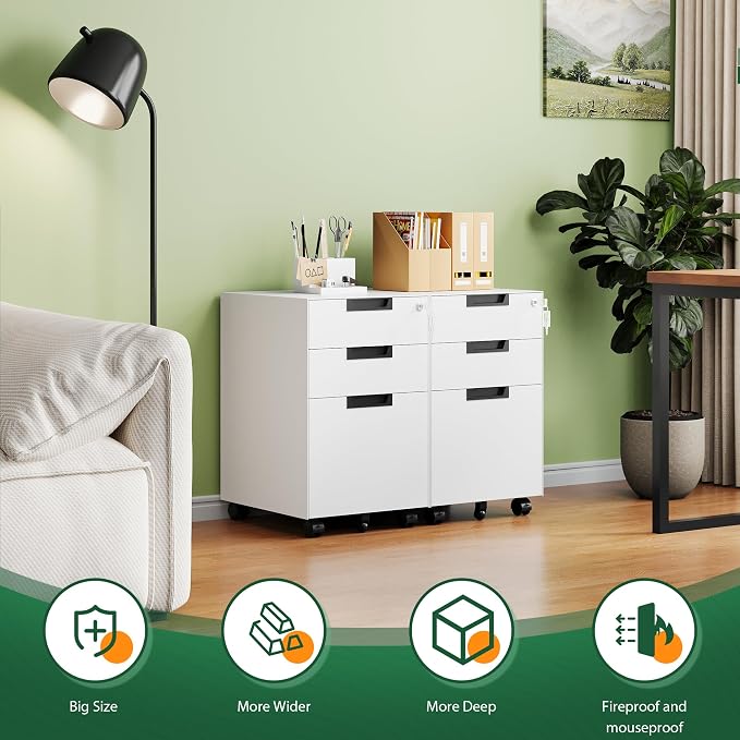 Letaya 3 Drawer Mobile File Cabinet with Lock,Under Desk Metal Small Filing Cabinets for Home Office Organizer Letters/Legal/A4(Fully Assembled Except Wheels-White)