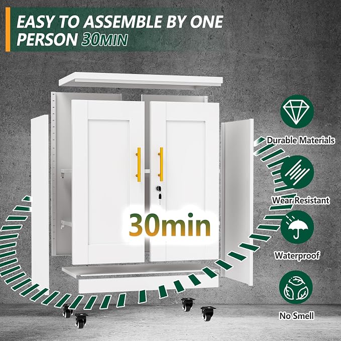 winiowa Tall Metal Storage Cabinet with Lock, Locking File Cabinet with 2 Doors and 2 Adjustable Shelves, White Lockable Organizer for Home Office Garage（27.6" W）