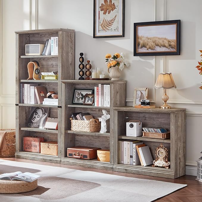 RWYHG 30" Grey Bookshelf Set of 2,2-Tier Thick Wood Book Shelf with Adjustable Shelves,Free Standing Farmhouse Bookcase with Open Display Storage,Floor Vintage Bookshelves for Living Room,Office