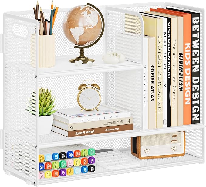Marbrasse 3-Tier Desk Shelf Organizer with Handle, Desktop Bookshelf File Holder, Mesh Display Shelf Organizer Storage Rack for Office, Home, Supplies, Kitchen (White)