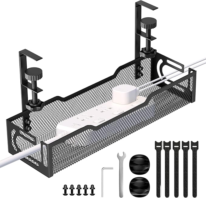 Under Desk Cable Management Tray, No Drill Mesh Desk Cable Tray, Wire Management Tray Cable Management Rack, Wire Organizer and Cable Management Box (Black)