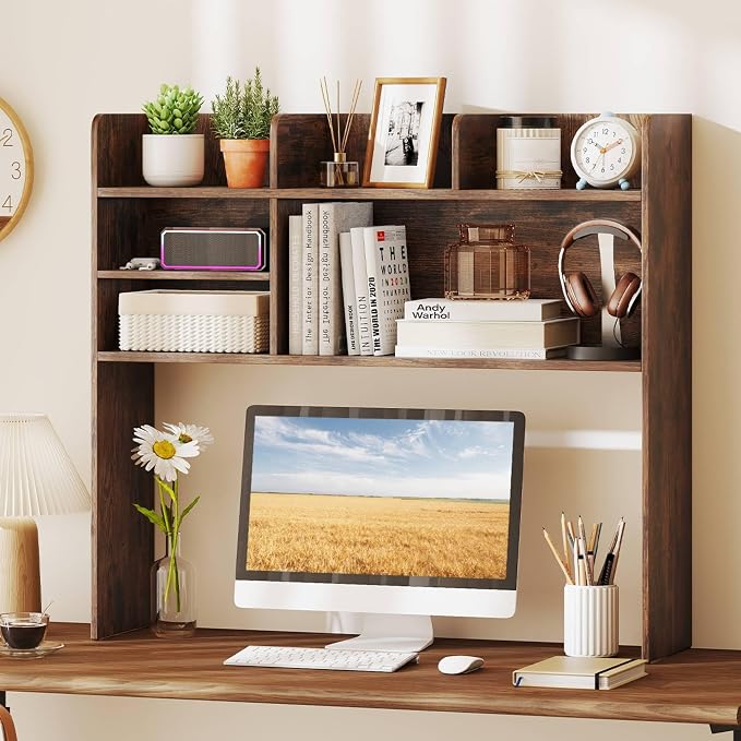 Tangkula Desktop Bookshelf for Computer Up to 32”, 37” Countertop Storage Hutch with 6 Storage Shelves, 3-Tier Desktop Organizer Display Rack, Wooden Desk Hutch for Dorm Home Office (Rustic Brown)